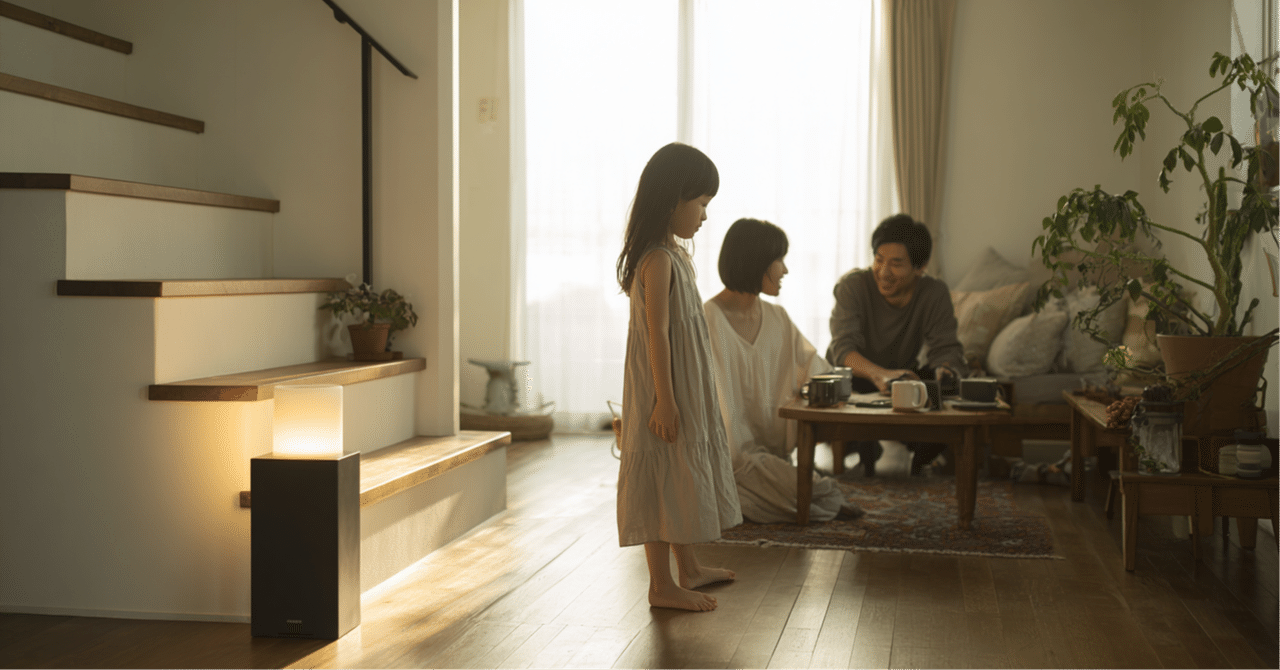 明るいリビングで家族と同じ時間を過ごすホームAI Kotone